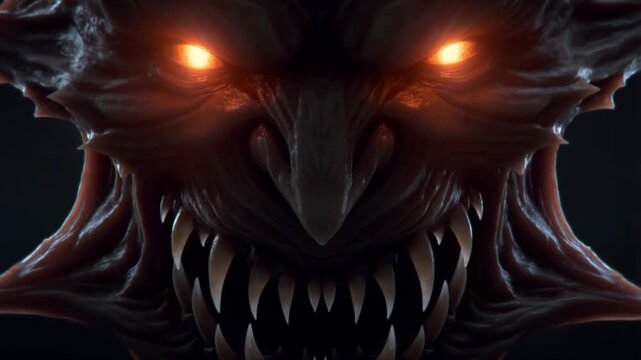 An extreme close-up of a terrifying monster's face, ready to haunt your dreams. Its evil expression with sharp eyes and a sinister grin is perfect for your Halloween horror content