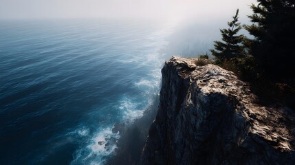 A rugged cliff plunges into the vast blue ocean with crashing waves and misty distant shores under a bright sky