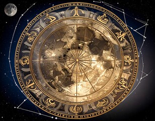 Ornate celestial compass, zodiac symbols, and constellations on dark background
