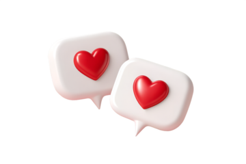 Two white speech bubbles with red hearts inside on black background love message