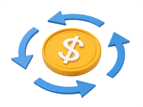 Yellow coin with dollar symbol surrounded by blue arrows on black background money currency