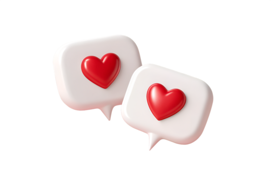 Two white speech bubbles with red hearts inside on black background love message