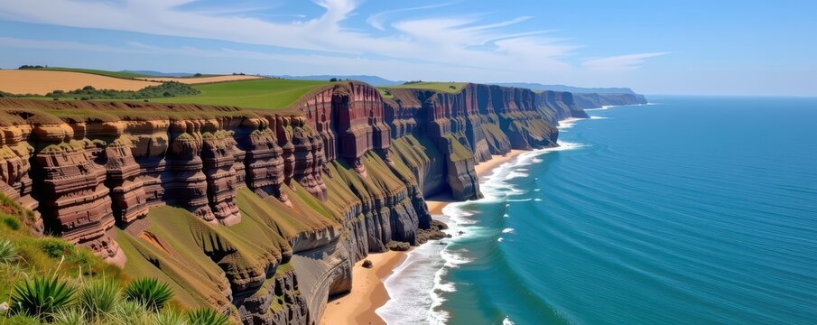 Dramatic coastal cliffs of Zumaia, Basque Country, showcasing layered flysch rock formations. The rhythmic strata reveal millions of years of geological histor, ocean, waves, tectonic plates