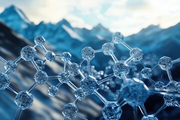 A microscopic view of a molecule structure against a backdrop of majestic mountains.