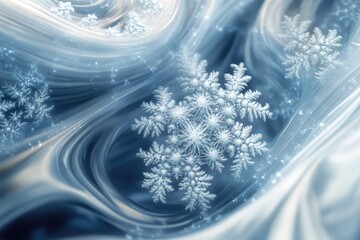 Intricate snowflake centered in swirling, icy blue abstract background.