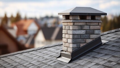 Brick chimney on a tiled roof with a city view