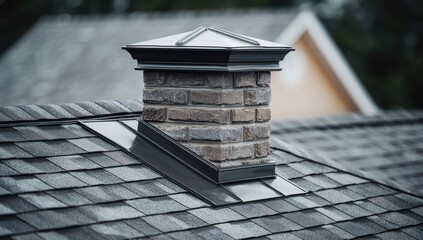 Brick chimney on a tiled roof