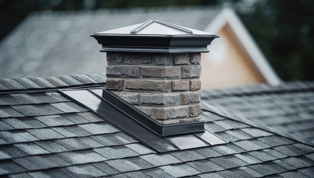 Brick chimney on a tiled roof
