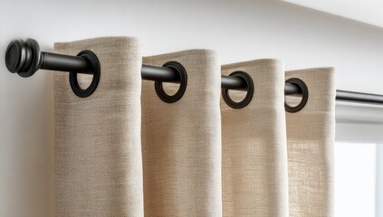 Close-up of beige linen curtains on a black rod (1)