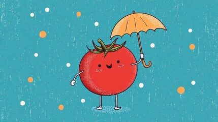 Cute tomato with umbrella in rain
