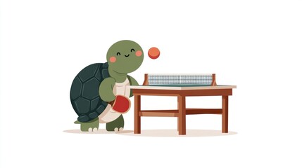 Cute turtle playing ping pong