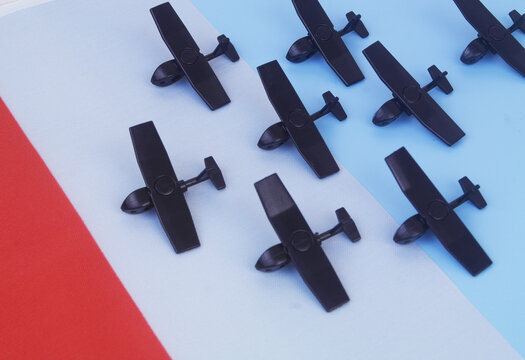 Many military drone and Polish flag. Concept of accidents with drones in Poland.