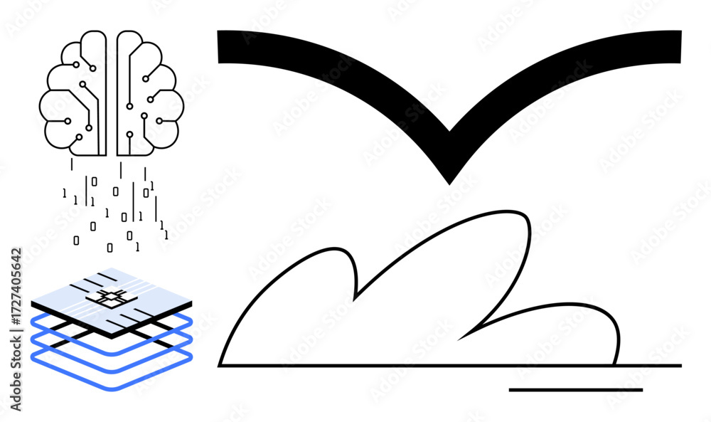 Aufkleber stylized brain emitting binary code, layered data platform, cloud shape, and abstract arrow symboliz