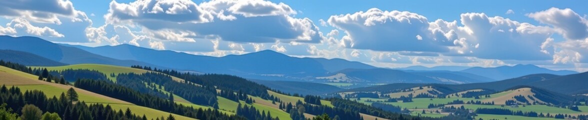 Obraz premium Serene blue landscape of rolling countryside, majestic rock mountains under a vast sky, panorama, environment