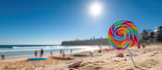 Colorful lollipop on a sandy beach with ocean and city views