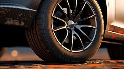 A photo of a tire under a car