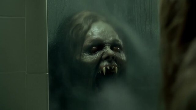 A distorted, monstrous face with glowing eyes pushes against the back of a bathroom mirror, causing the glass to flex. A terrifying close-up that plays on psychological fears