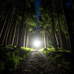 Night forest path illuminated by light