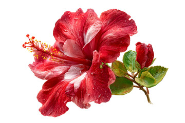 Fototapeta premium Red hibiscus flower bloom, bright tropical botanical decorative realistic illustration. Isolated on transparent background.