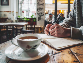 Fototapeta premium Cozy coffee shop study scene. Person writing in notebook with tea on wood table