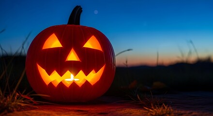 Spooky Halloween night with a glowing Jack-o'-lantern casting an eerie light under the twilight sky, perfect for autumn festivities