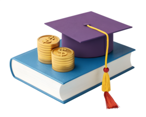 Graduation cap on blue book with stacks of gold coins mortarboard stacks of coins