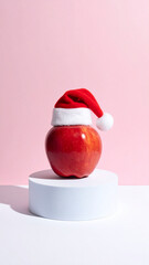 Red apple with Santa hat on white podium and pink background festive Christmas concept