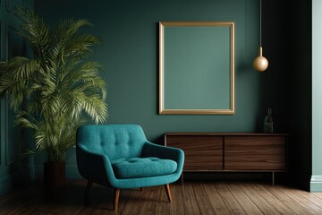 Teal-toned room with armchair and framed art