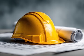 Yellow hard hat and blueprints