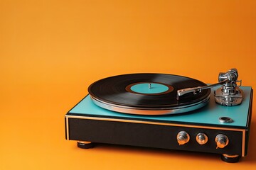 Retro turntable on orange background