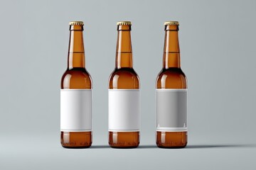 Three amber glass beer bottles with blank labels