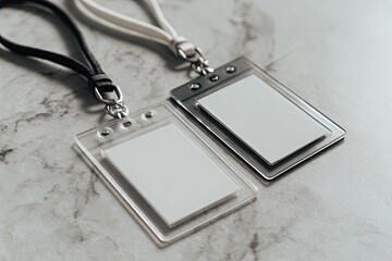 Two blank ID badges on a marble surface