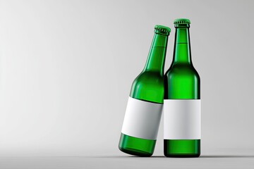 Two green beer bottles with blank labels on a light gray background