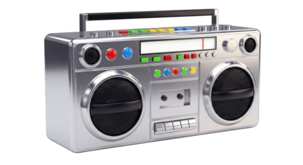 Retro Silver Boombox with Colorful Buttons and Cassette Player.