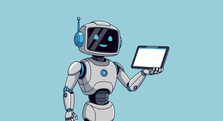 Friendly cartoon robot holding a tablet displaying data and charts on a light blue background