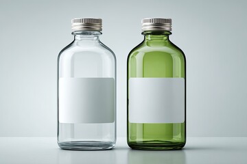 Two clear glass bottles, one clear and one green, with blank labels