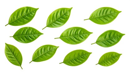 Isolated close-up of lush green tea leaves, showing intricate veins and textures against a clean white background