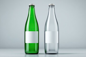 Two glass bottles, one green, one clear, with blank labels (1)