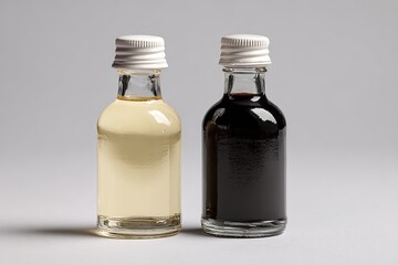 Two small glass bottles, one with light yellow liquid, the other with dark liquid, against a neutral background