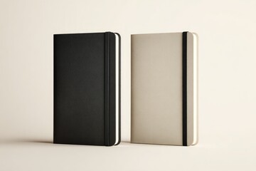 Two blank notebooks, black and beige, on a light background