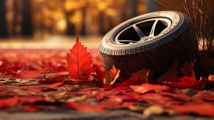 A photo of a tire with autumn leaves