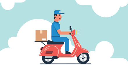 Friendly delivery person on a vibrant red scooter with a package navigating a bright sky with fluffy clouds symbolizing fast and efficient parcel service