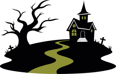 Haunted House on a Winding Path Lined with Gravestones, Vector Illustration 