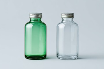 Two glass bottles, one green, one clear, on a light gray background