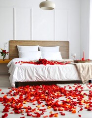 Romantic bedroom with rose petals