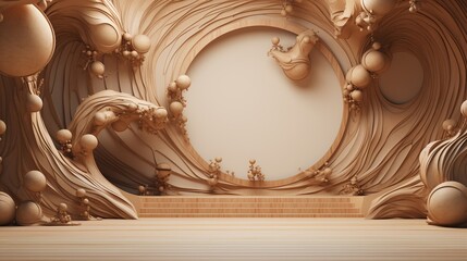 Abstract Brown Artistic Stage with Swirling Shapes and Spheres for Creative or Artistic Displays