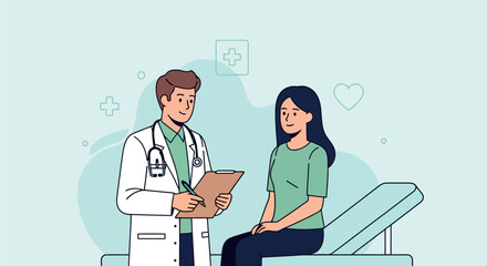 A male doctor in a white coat stands with a clipboard, consulting with a female patient seated on an examination bed in a clean medical office setting.