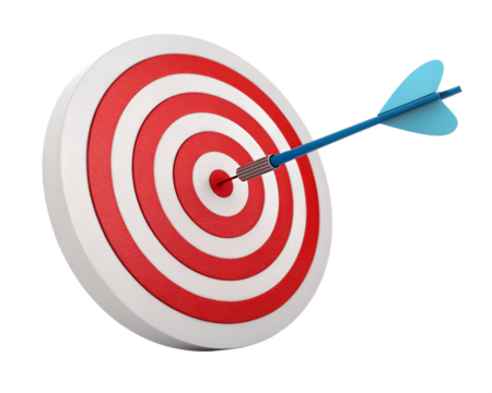 Red and white circular target with blue dart in bullseye archery game