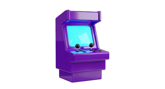 Purple Arcade Game Machine with Joysticks and Screen.