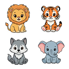  cartoon big cats and woodland creatures in a cute four panel illustration for children s designs. Four charming, kawaii-style cartoon animals including a lion, tiger, wolf, and elephant.